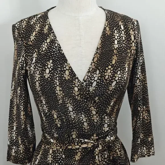 Diane Von Furstenberg Julian Silk Wrap Dress Size 2 Black Tan Lizard Stretch - Picture 3 of 10